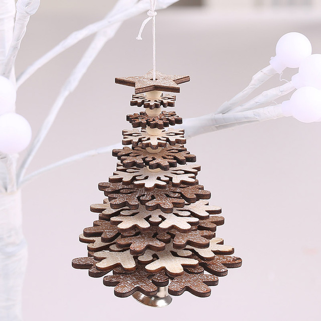 Wooden Christmas Tree Pendants Xmas Tree Hanging 3D Rotate  Snowflake Star Ornaments Small Bell Home Office Decoration Gift
