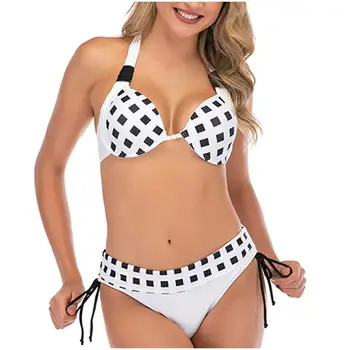 

Tetris bikini set high waist Plus Size swimwear women 2020 Bandaged bikini push up pad Black white classic monokini sexy Takini￥
