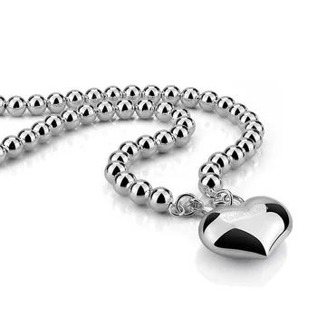 

2020 Classic fashion sterling silver solid 925 silver heart pendant necklace girl jewelry necklace silver beads long chain charm