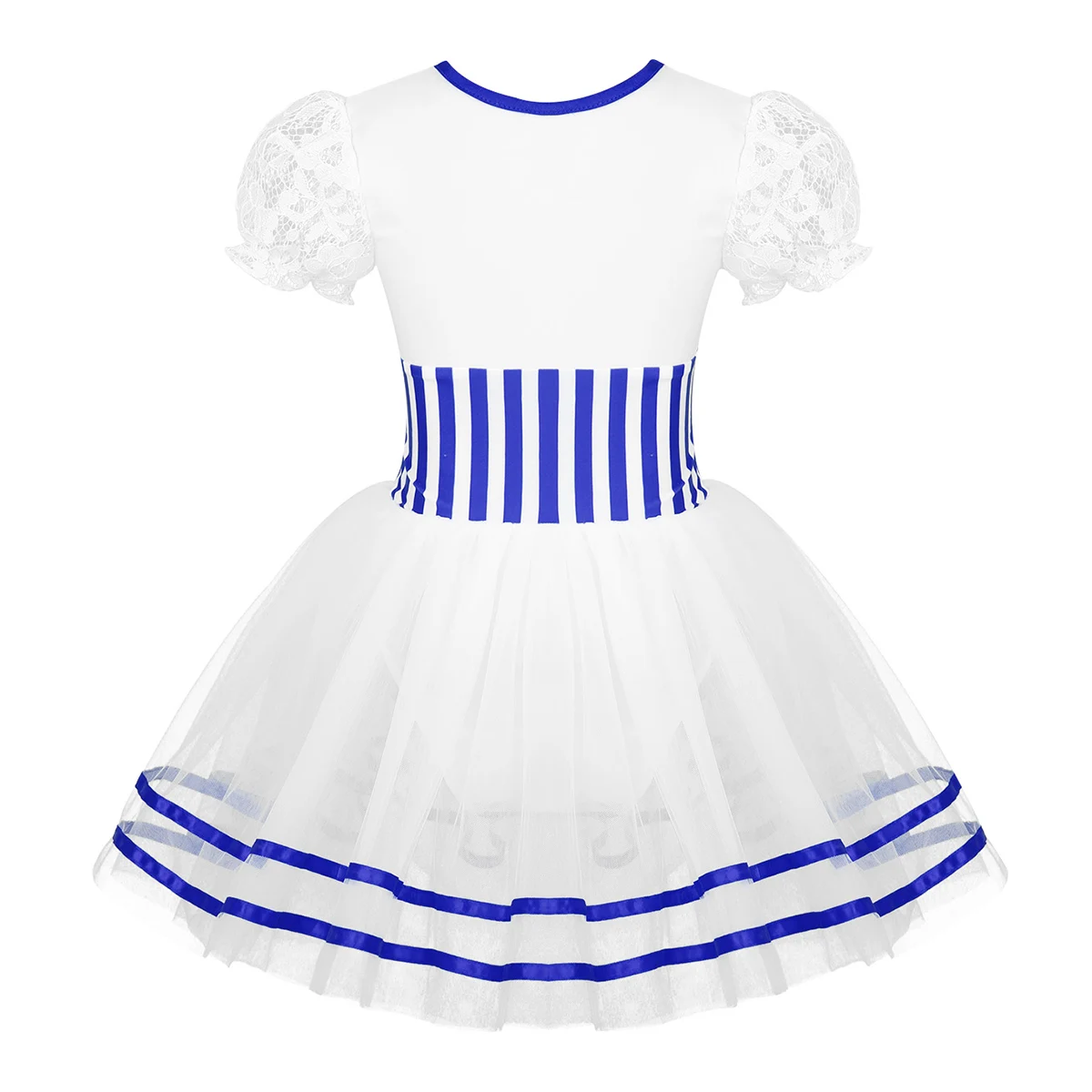 ChicTry Kids Lace Short Sleeves Striped Gymnastics Leotard Girls Mesh Tutu Ballet Figure Skating Dress Performance Dance Costume