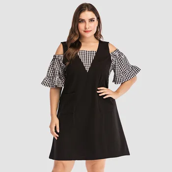 

5XL Plus Size Dress Women Summer Ruffles Short Sleeve Cold Shoulder Dress Black Elegant Plaid Patchwork Sweet Casual Dresses