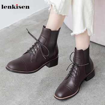 

Lenkisen elegant fashion genuine leather lace up round toe med heels solid beauty lady winter keep warm women ankle boots L12