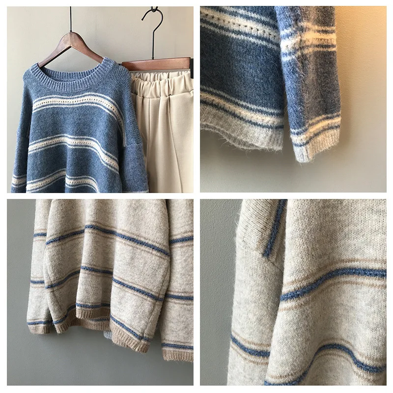 Autumn and winter sweater women new Korean long-sleeved striped sweater knit sleeves sweaters loose round neck women sweater