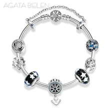 925 Sterling Silver Romantic Charm Snake bone chain Bracelets Blue Starry glass beads Charms Anchor Pendant Bracelet Jewelry