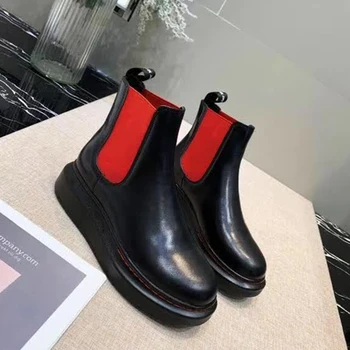

Plaform Women Ankle Boots Luxury Brand Genuine Leather Women Causual Boots Slip On Motorcycle Boots Winter Autumn Warm Boots 40
