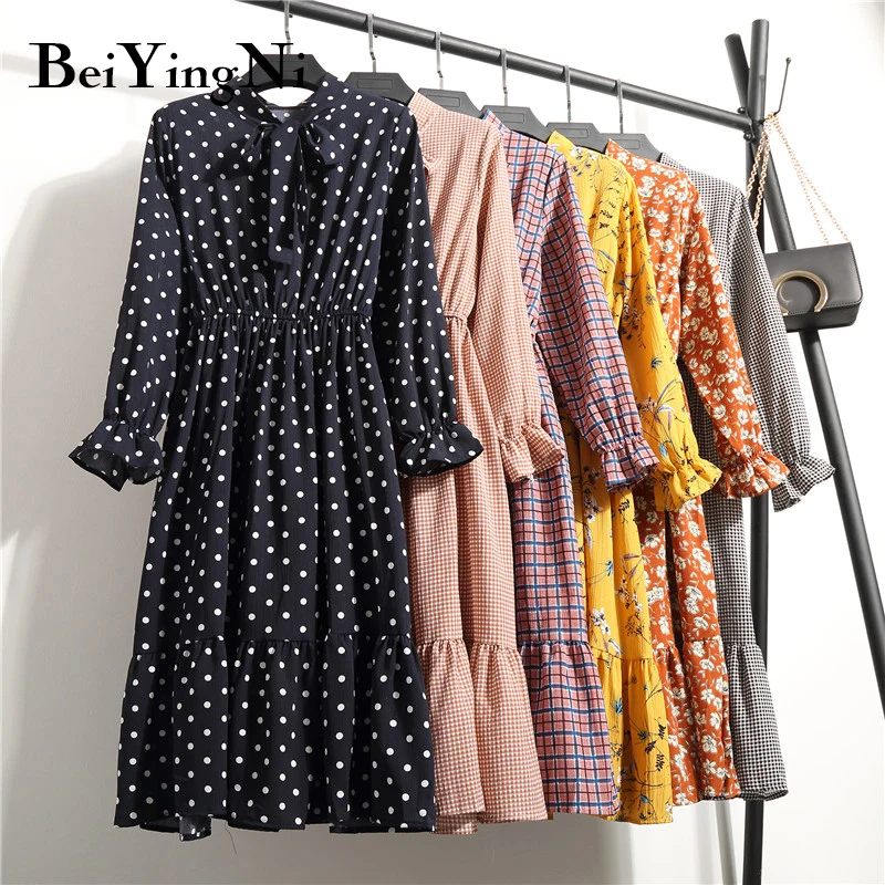 

Beiyingni Chiffon Dress Women Floral Printed Long Sleeve 2019 Fashion Vintage Dress 24 Styles Korean Casual Bow Tie Vestido Lady