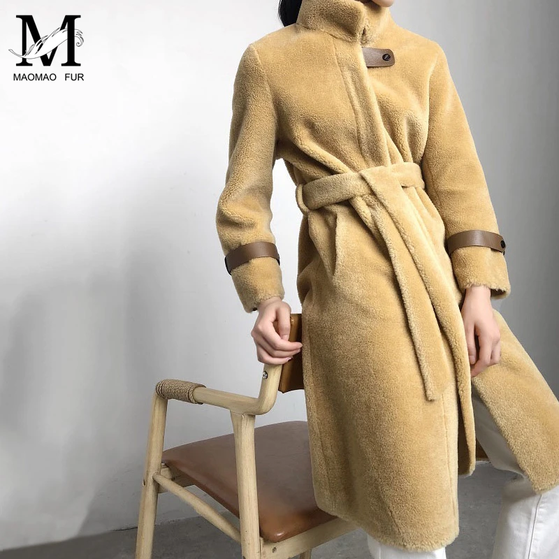 Длинное пальто из натурального овечьего меха Женское зимнее теплое 100%
