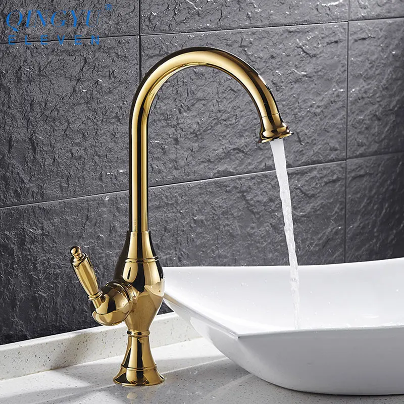 

Gold Polished Basin Kitchen Sink Faucets Single Handle Hot and Cold Water Mixer Taps 360 Swivel Basin Kitchen Mixer Brass Tap