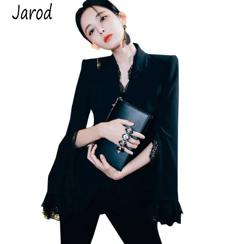 

2019 Autumn Women 2 Piece Set Business Black Patchwork Lace Single Button Notched Collar blazer Coat + OL pencil trousers Suits