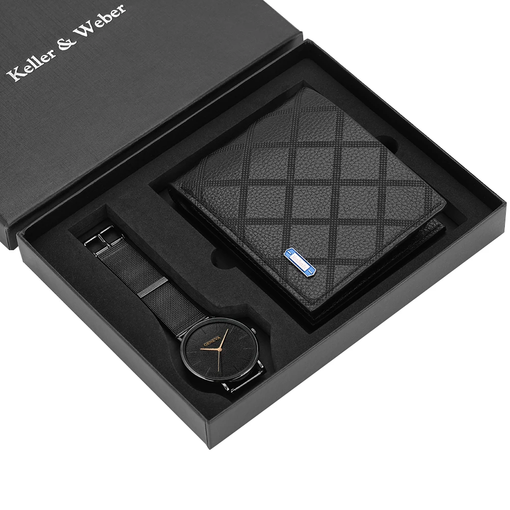 Beste Business Mannen Horloges Roestvrij Stalen Band Mannen Quartz Horloge Lederen Portemonnee Gift Set voor Vriendje Vader Echtgenoot Hot Koop 2019