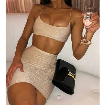 

2-piece Skirt Set Glitter Camisole Mini Skirt Fashion Sexy Party Club Outfits for Women White Pink Purple Black Clothing