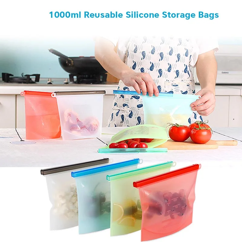 

Reusable Silicone Food Storage Bags Containers Refrigerator Sealed Bag Vegetable Food Zip Lock Plastic Bags Kitchen Organizer