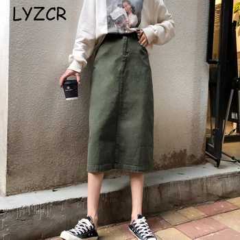 

LYZCR Vintage Denim Midi Skirts For Women 2020 Knee Length Saia Jeans Skirt Women A Line High Waist Skirt Denim Skirt Summer