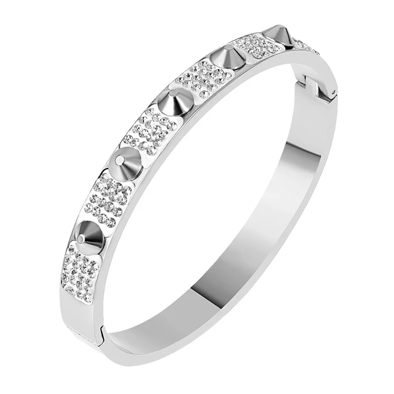 Silver Bangle Роскошный браслет из нержавеющей стали с заклепками, Модный CZ золотой браслет, конусные браслеты для женщин, ювелирный подарок - Окраска металла: Silver Bangle