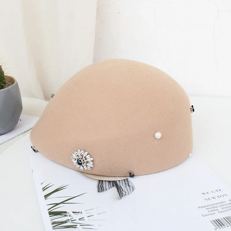 Camel Wool Hat FS Элегантный женский зимний шерстяной берет, шапка в винтажном стиле, круглый верх, котелок, шапки, черный, Верблюжий, стразы, цветок, для девушек, леди, фетровые шляпы - Цвет: Camel Wool Hat