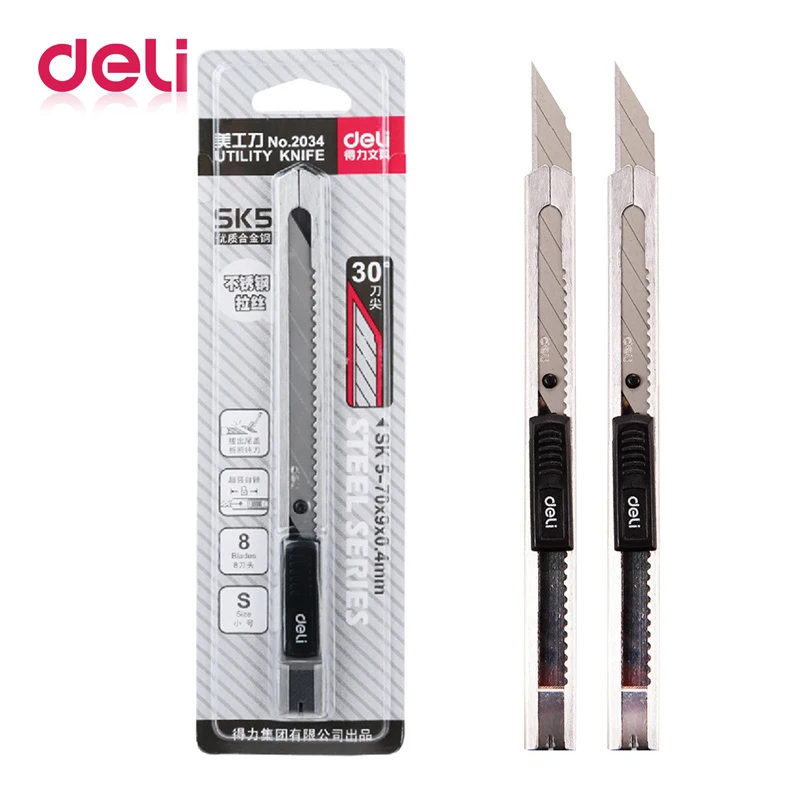 Cuchilla para arte Deli, 3 uds., cuchillo de corte, película de coche, pequeño Metal, autobloqueo, papel pequeño, desempaquetado, punta de 30 grados, 2034