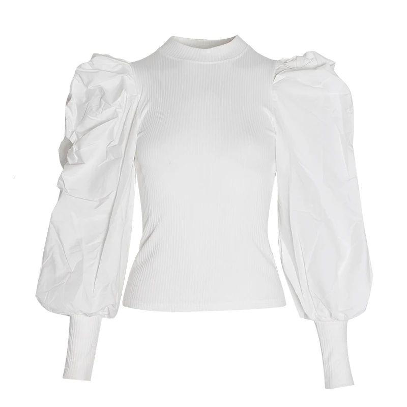 TWOTWINSTYLE белый вязаный лоскутный свитер для женщин с круглым вырезом и пышными рукавами Пуловеры Женская одежда Осенняя мода новинка - Цвет: white