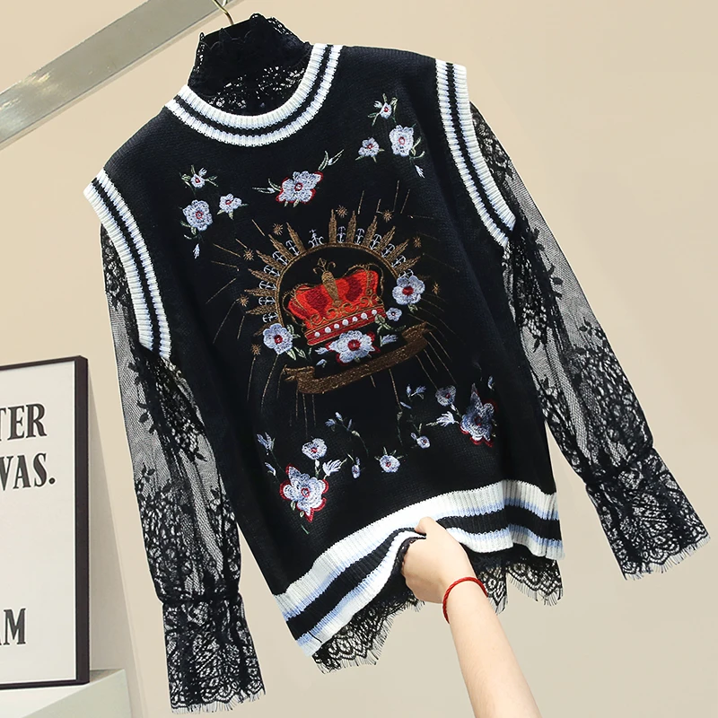 

Spring Clothing Women's Chiffon Long Sleeve Lace Blouse + Embroidery Flower Waistcoat Two-Piece Set Sweater Blouse Ladies Tops