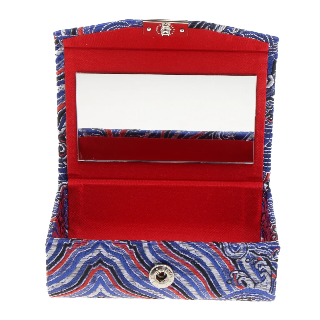 Retro Brocade Embroidered Chinese National Costume Design Lipstick Jewelry Case Holder Box With Mirror- Holds 2 Lipsticks