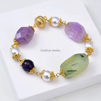 

GG Jewelry White Sea Shell Pearl Amethyst Prehnite Gems Stone Bracelet