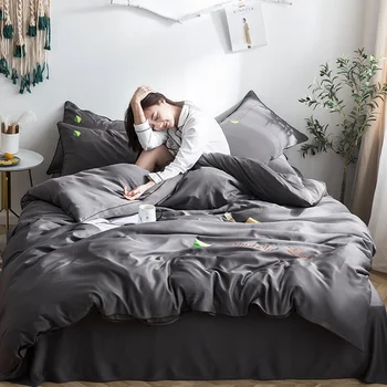 

4Pcs/Set Bedding Set Spring Summer Breathable Simple Bed Set Tencel Pillowcases Bed Sheet Embroidery Duvet Cover Sets