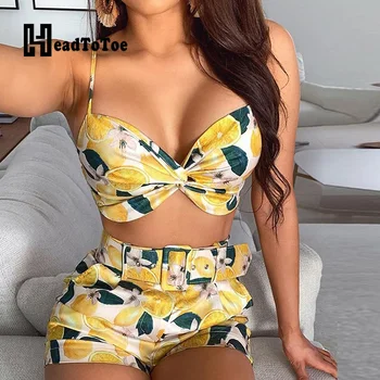 

Fruits Print Spaghetti Strap V Neck Crop Tops & High Waist Belted Shorts Sets Casual Summer 2 Piece Outfits for Women Beachwear