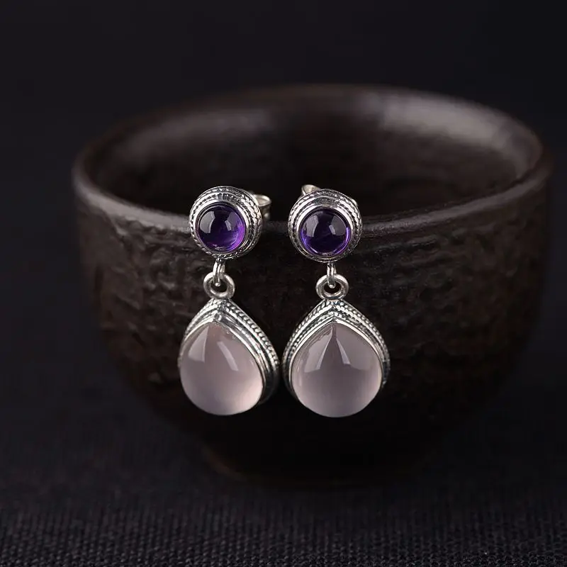 FNJ Rose Quartz Earrings 925 Silver Original Pure S925 Sterling Stud Earring for Women Jewelry Amethyst | Украшения и аксессуары