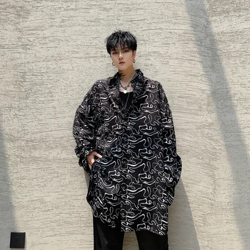 

Men New Long Sleeve Loose Casual Pattern Print Long Shirt Male Streetwear Hip Hop Dress Shirt Stage Show Costumes