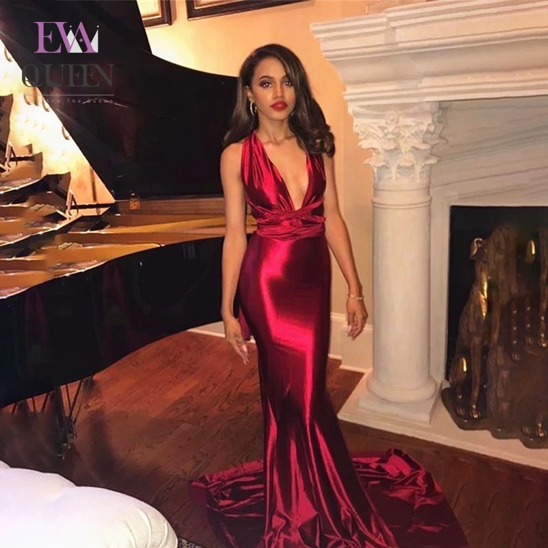 EvaQueen красное сексуальное длинное облегающее платье с глубоким V образным вырезом