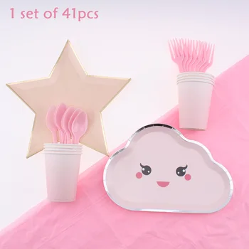

Disposable Tableware Cloud Plate Five-Pointed Star Shape Pink Theme Tableware Set 41 Pieces Birthday Party Decorations Kids