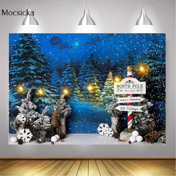 

Christmas Snow Night Photography Backdrop Xmas Winter Birthday Photo Background Pine Dreamy Santa Sleigh Light Photocall Props