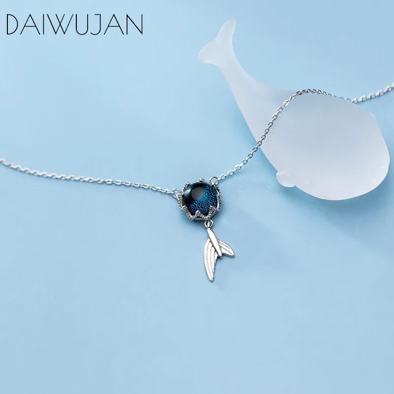 DAIWUJAN, 925 пробы, серебряная, синяя Хрустальная корона, хвост русалки, подвеска, ожерелье для женщин, романтическое колье, свадебные аксессуары, подарок - Цвет камня: silver