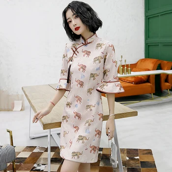 

Half Sleeve Female Mandarin Collar Evening Party Dress Vintage Button Mini Sexy Cheongsam Print Elephant Pink Velour Qipao