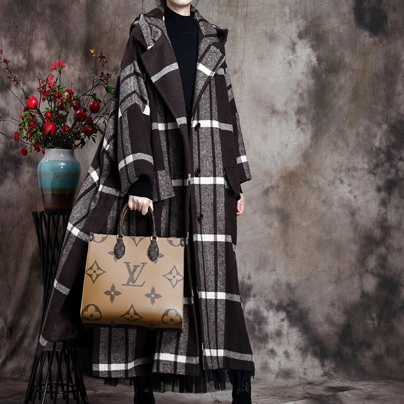 

2020 Winter New Product British Style Woolen Plaid Jacket Thicken Keep Warm Hooded Long Trench Coat
