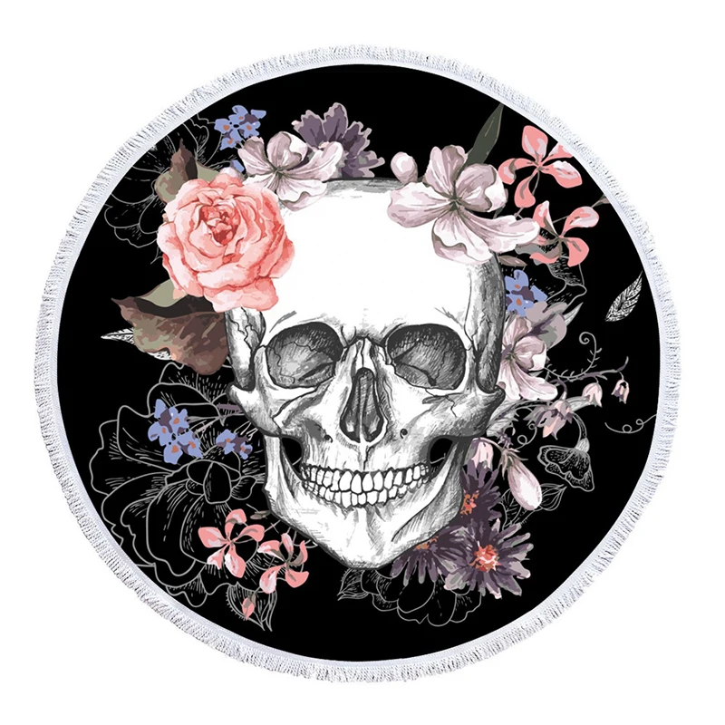 Sugar Skull Round Beach Towel Floral Tassel Yoga Mat Round Blanket Macrame Beach Cooling Towel Microfiber