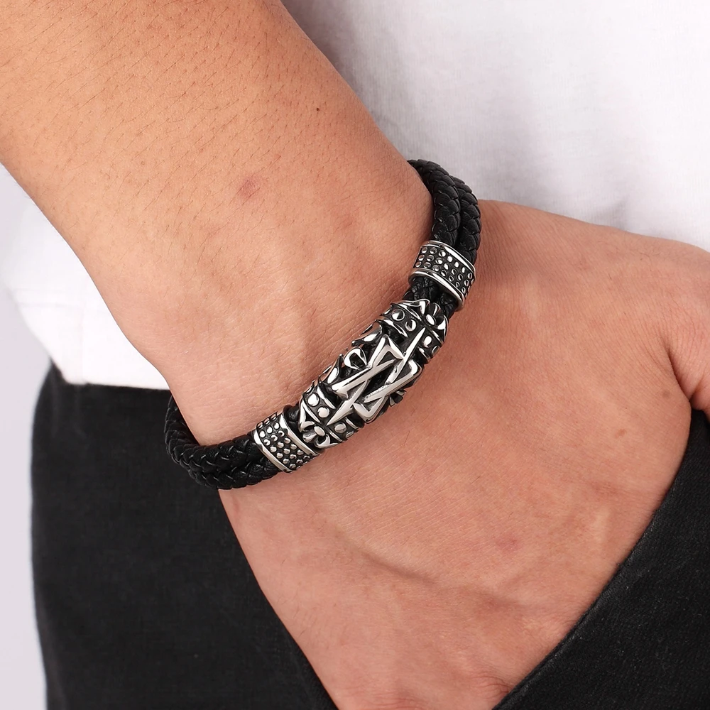 TYO Classic Men Jewelry Leather Bracelets Stainless Steel Bracelets Black Rope Chain Fashion Wristband for Male Magnet