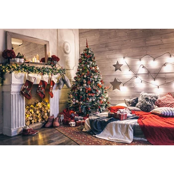 

7x5ft Photography Backdrop Christmas Gif Tree Texture Wood Wall Fireplace Background Vinly Cloth cozy Decor Baby Birthday Party