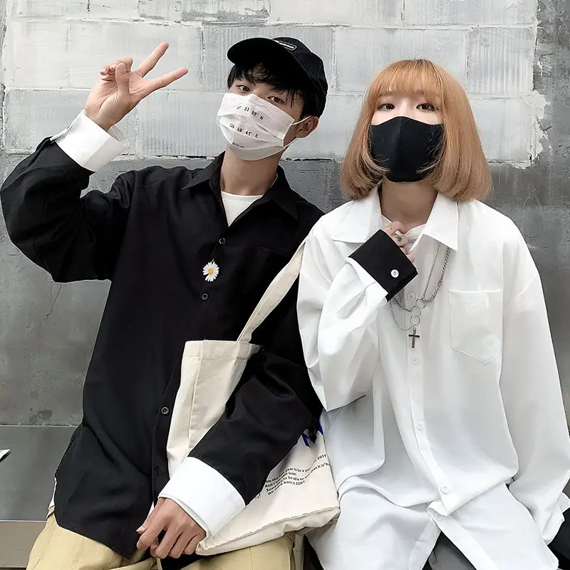 

Men's shirt 2020 Autumn new slim solid color lovers long-sleeve shirt loose casual lapel personality youth men's wear