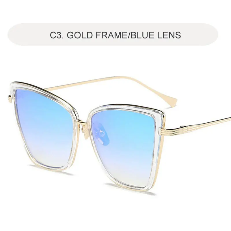 Новые брендовые дизайнерские солнцезащитные очки Cateye, женские винтажные металлические очки, зеркальные ретро очки Lunette De Soleil Femme UV400 - Цвет линз: C3 BLUE