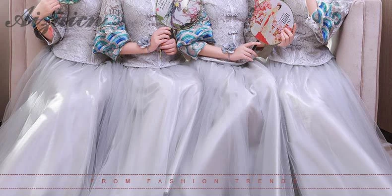 Серое кружевное длинное платье чонсам, Современная трикотажная юбка подружки невесты, платье Qi Pao, женское традиционное китайское платье