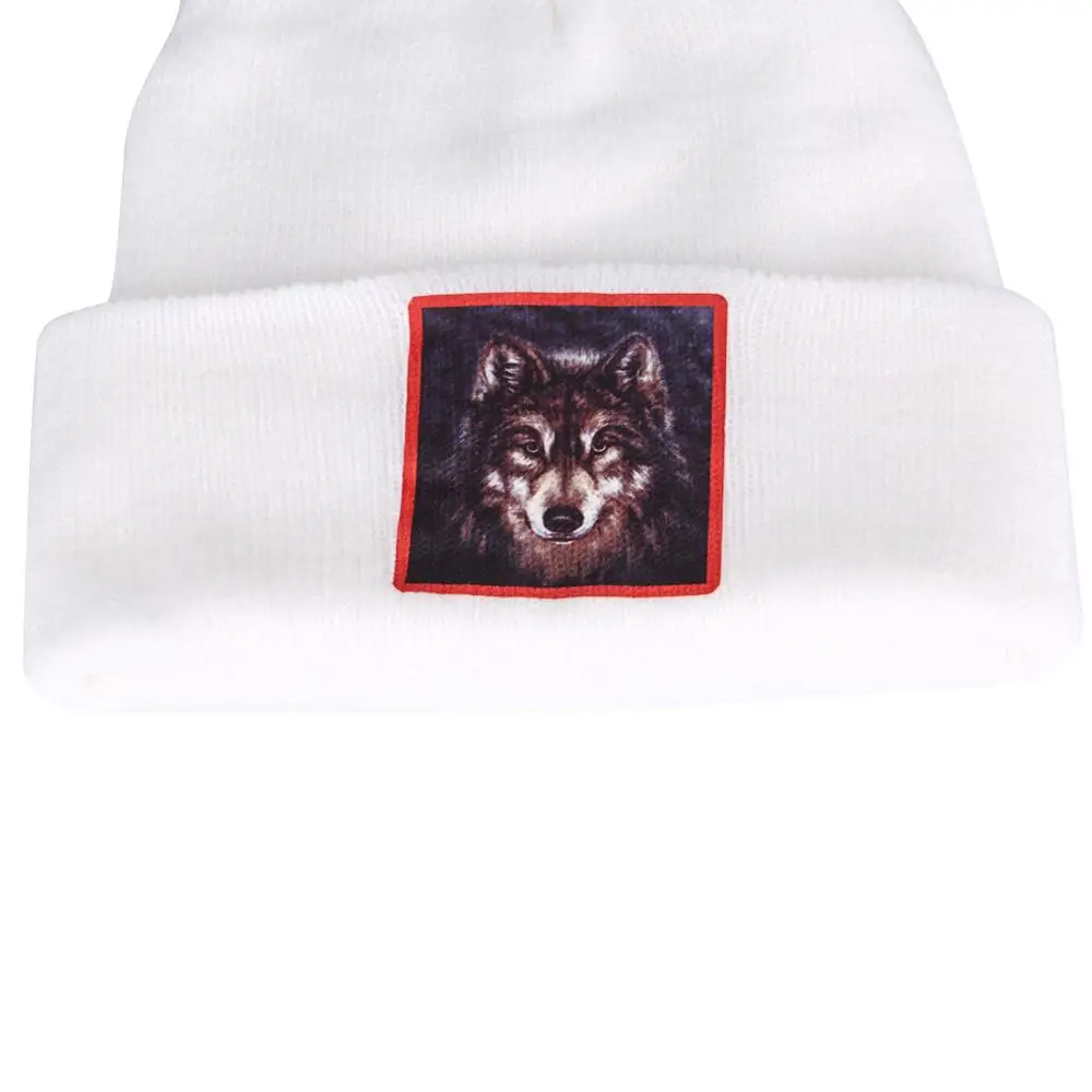 Белый логотип Волк печати вязаная шапка крючком Skullcap женские теплые зимние унисекс шапки Beanie повседневные Skullcap Skullies уличные