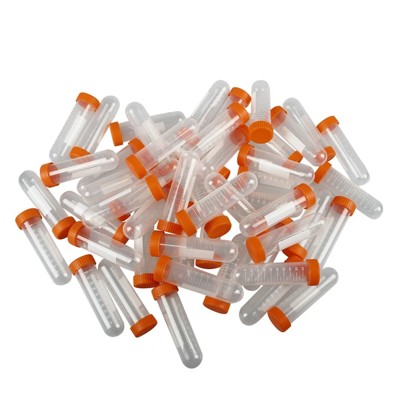

50 Pcs 50ml Round Bottom Centrifuge Tubes w Attached Caps Clear White Orange