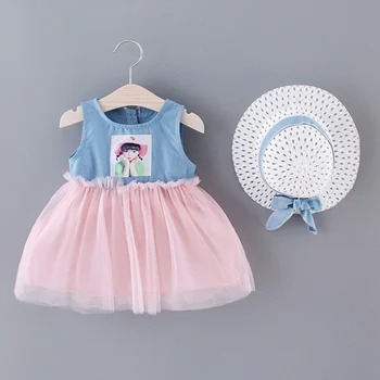 

Fashion Baby Girls Dress Summer Thin Denim Stitching Mesh Dress Sleeveless Shoulder Print Toddler Girl Casual Dresses +Hat 2Pcs