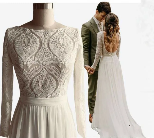 

HotNew Jewel Neck Country Bohemian Wedding Dresses Backless Long Sleeves Lace Appliques Decor A Line Chiffon Bridal Dress