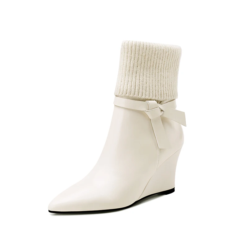 Beige Leather Lining ROBESPIERE/женские ботинки на танкетке; ботильоны с острым носком из натуральной кожи; женские зимние ковбойские ботинки на молнии с бантом; B86 - Цвет: Beige Leather Lining