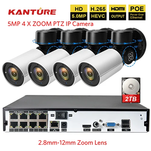 KANTURE H.265+ 8CH 5MP POE Система NVR с 8 шт. 5MP 4X оптическим зумом безопасности наружная Водонепроницаемая ip-камеры с питанием по POE kit 2,8-12 мм объектив - Цвет: 4 x 5MP Camera