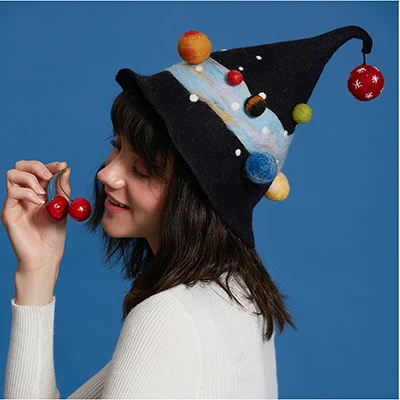 Wizard hat Ручной работы шерсть планета ночное небо береты повседневные рождественские шляпы волшебника для женщин осень зима теплый подарок шляпа ручная Шерсть Войлок - Цвет: Wizard hat