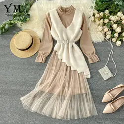 YuooMuoo, хорошее качество, комплект из двух предметов, вязаный нестандартный жилет, кружевное платье, женское элегантное Бандажное платье с