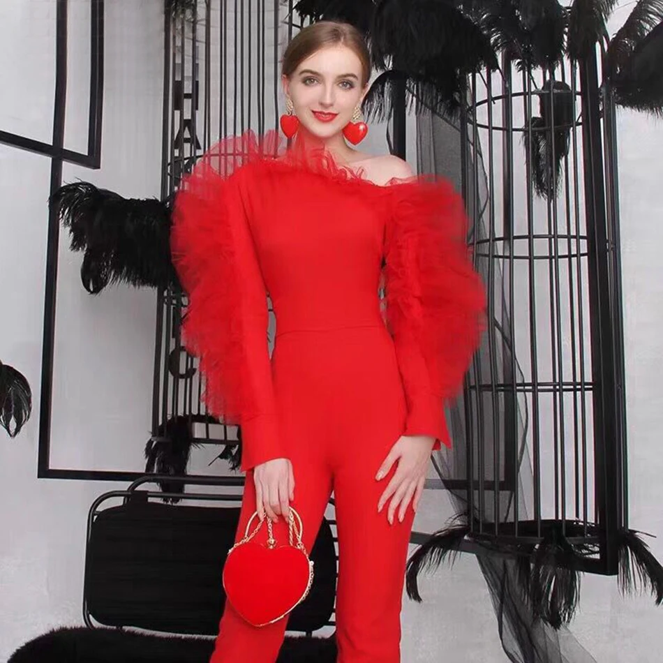 Зимний модный комбинезон с асимметричным воротником без бретелек, длинный рукав, сексуальный красный черный облегающий комбинезон с оборками, элегантный комбинезон
