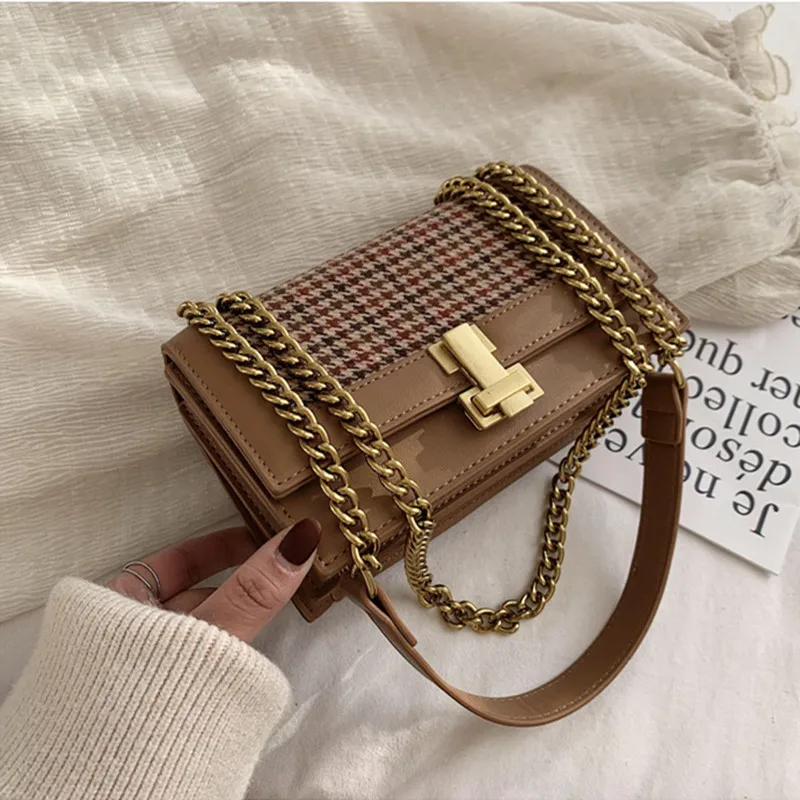 

Ladies Winter New Houndstooth Wild Contrast Color Shoulder Bag Fashion Quality Lock Trend Handbag